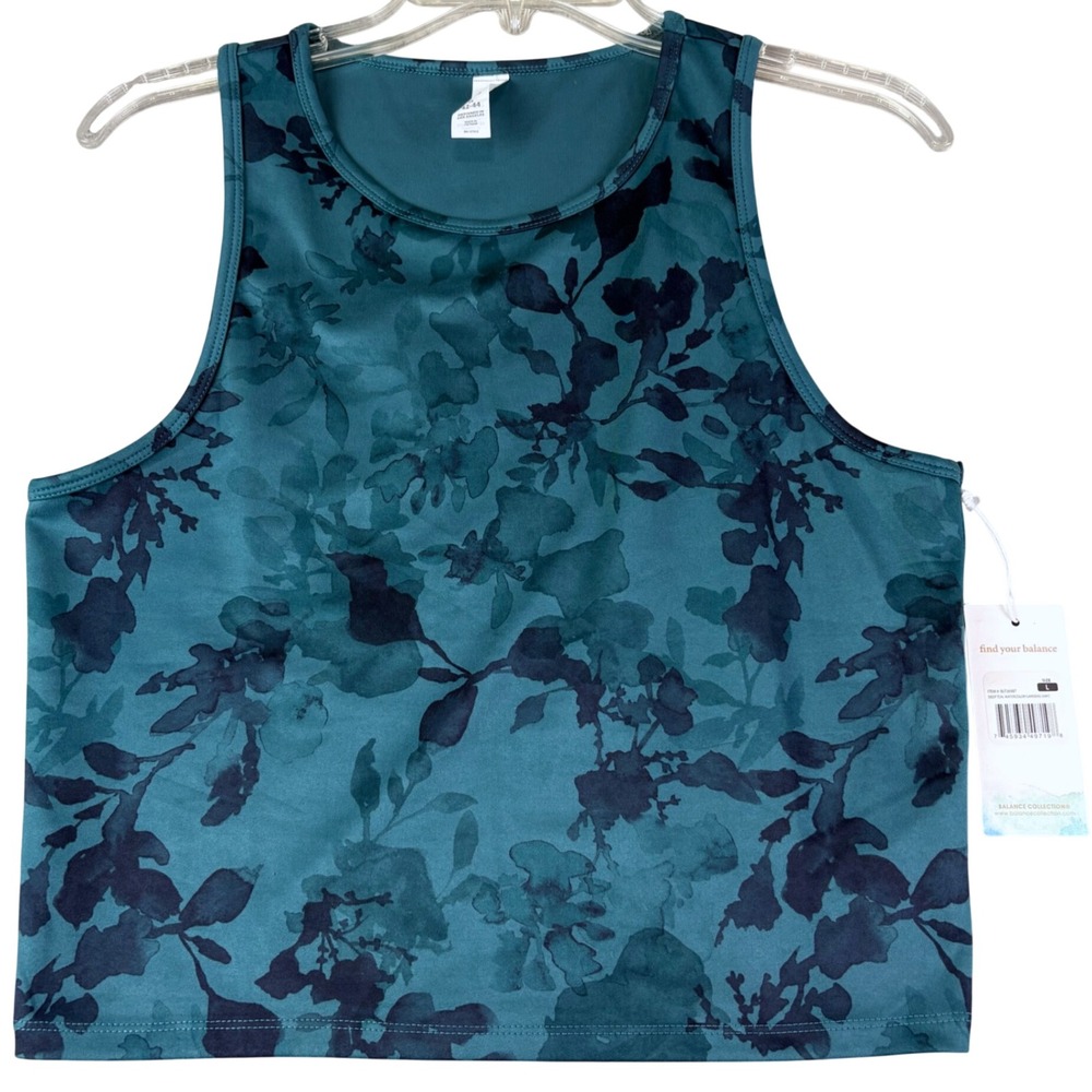 Balance Collection L Teal Floral Tank Top High‎ Neck Athletic Watercolor NWT